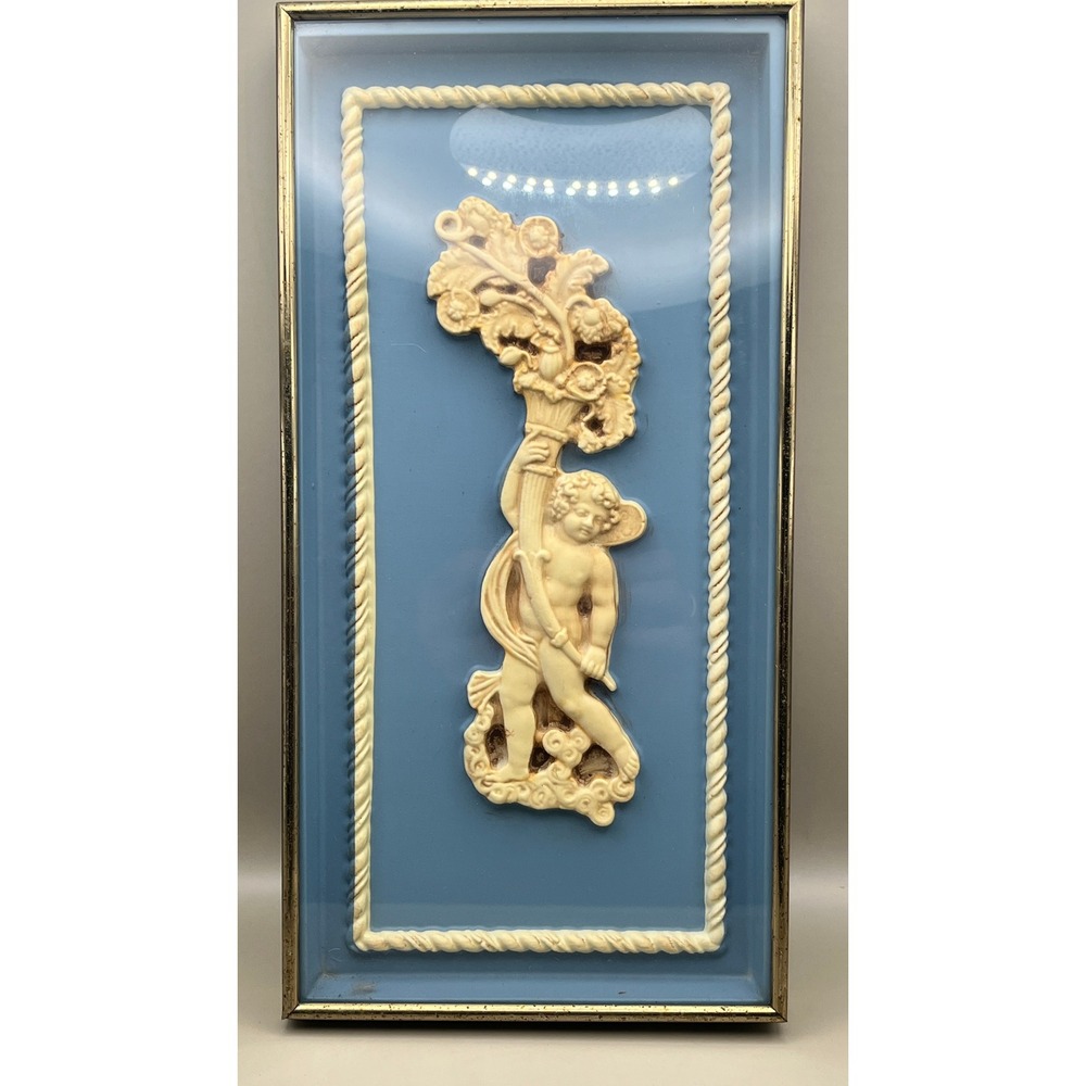 Vtg Wedgewood Neoclassical Cherub 3D Relief Wall Art Blue Cream Gold Framed 12x6
